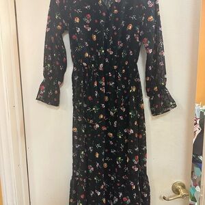 Banana Republic Black Floral Long Sleeve Dress